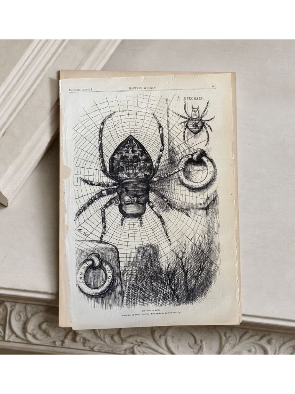 1877 Thomas Nast Web of Ruin Boss Spider Original Harper’s Weekly Engraving